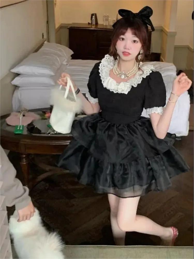 Women 2023 Summer Black Princess Dress Lace Patchwork A-line Mini Cake Dress Puff Sleeve Birthday Party Dress Mesh P